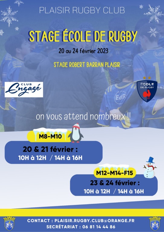 Stage Rugby Vacances de Février M-12, F-12 et M-14, F-15